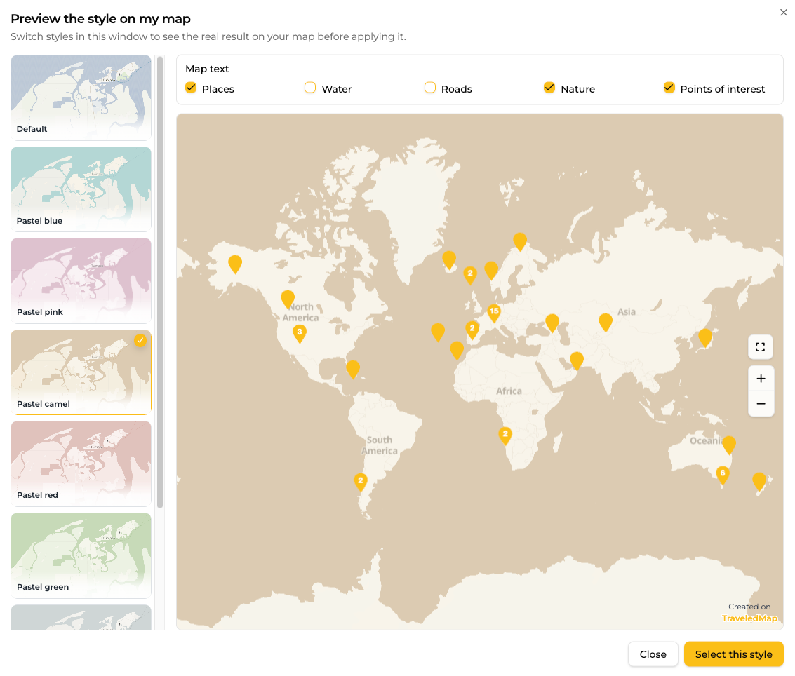 Modal window used to select which text appears on the map: ocean names, roads, points of interest, natural places, etc.