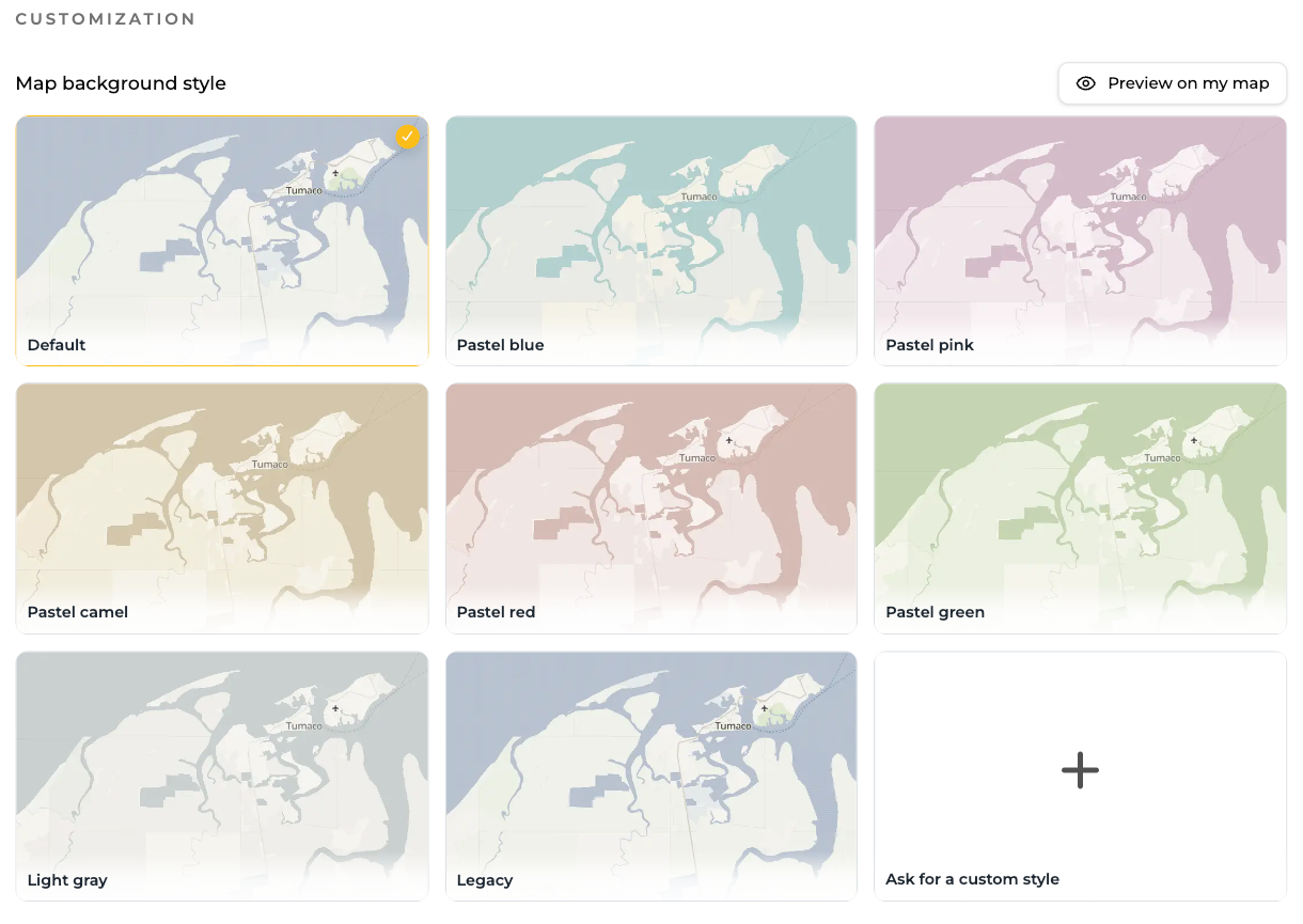 Preview of several pastel map styles available in TraveledMap