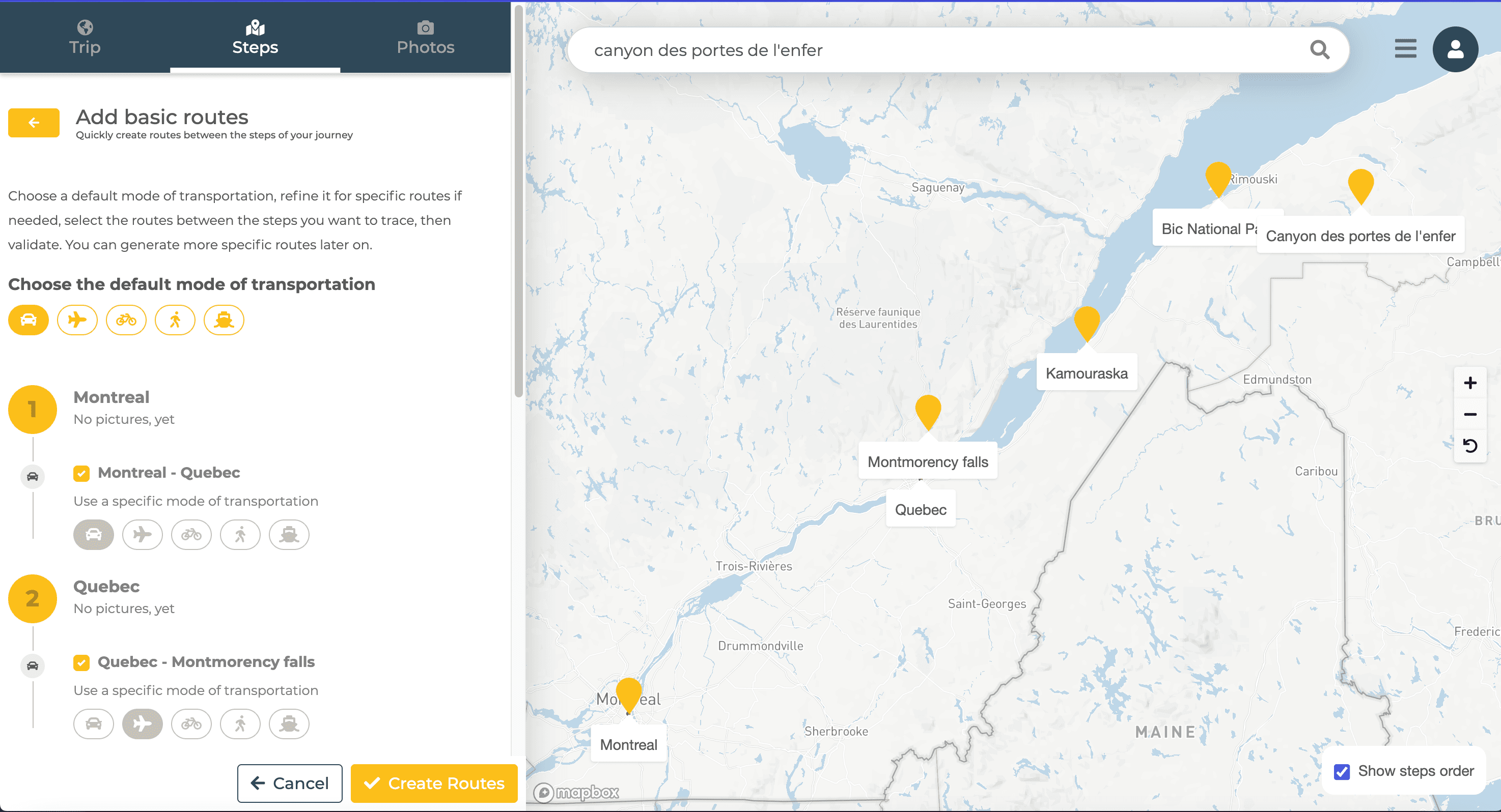 Example of route generation