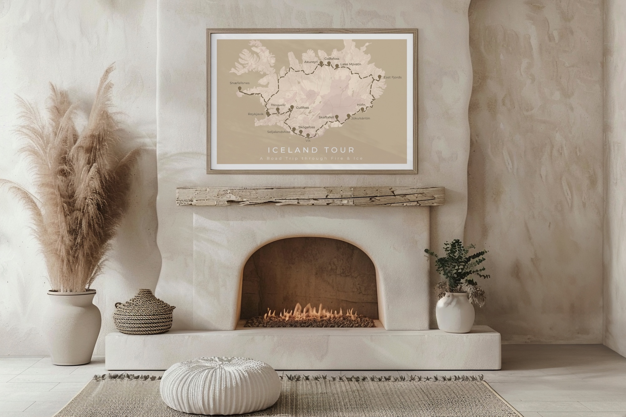 Foto de un póster que representa el itinerario de un viaje a Islandia