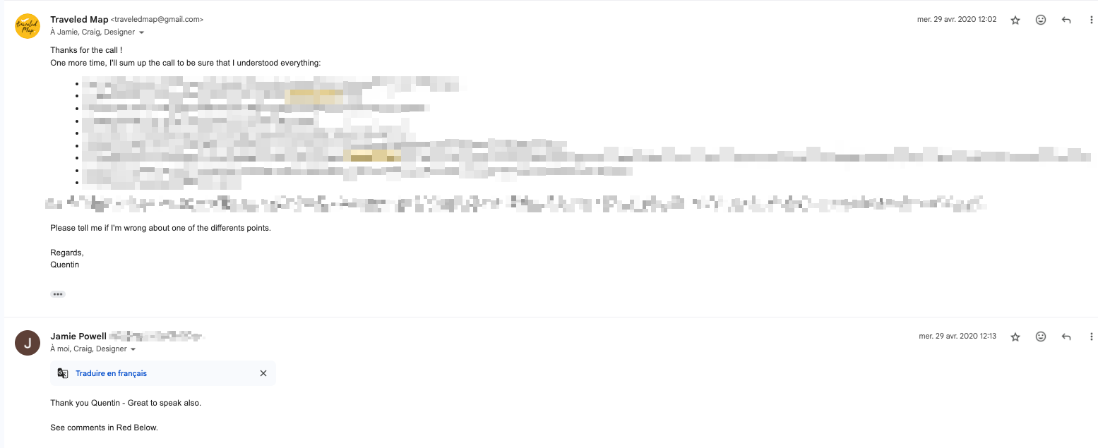 Intercambio de correos electrónicos entre SignatureGolf y TraveledMap