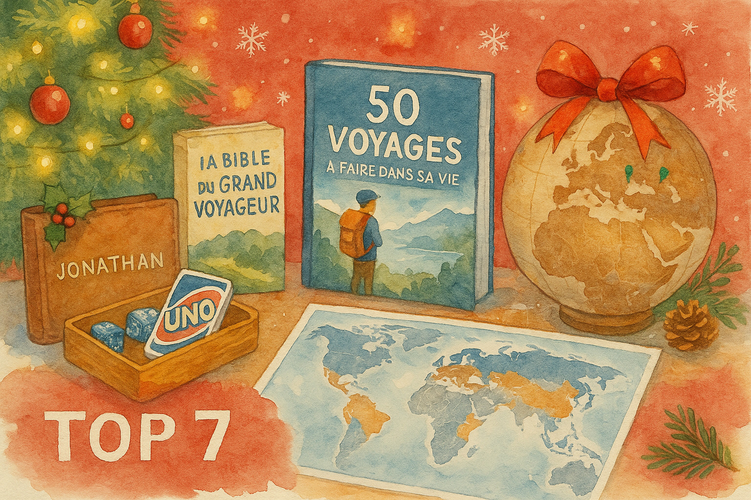 Image de Noël chaleureuse avec des cadeaux de voyage : globe, livres, carte TraveledMap et ambiance festive.