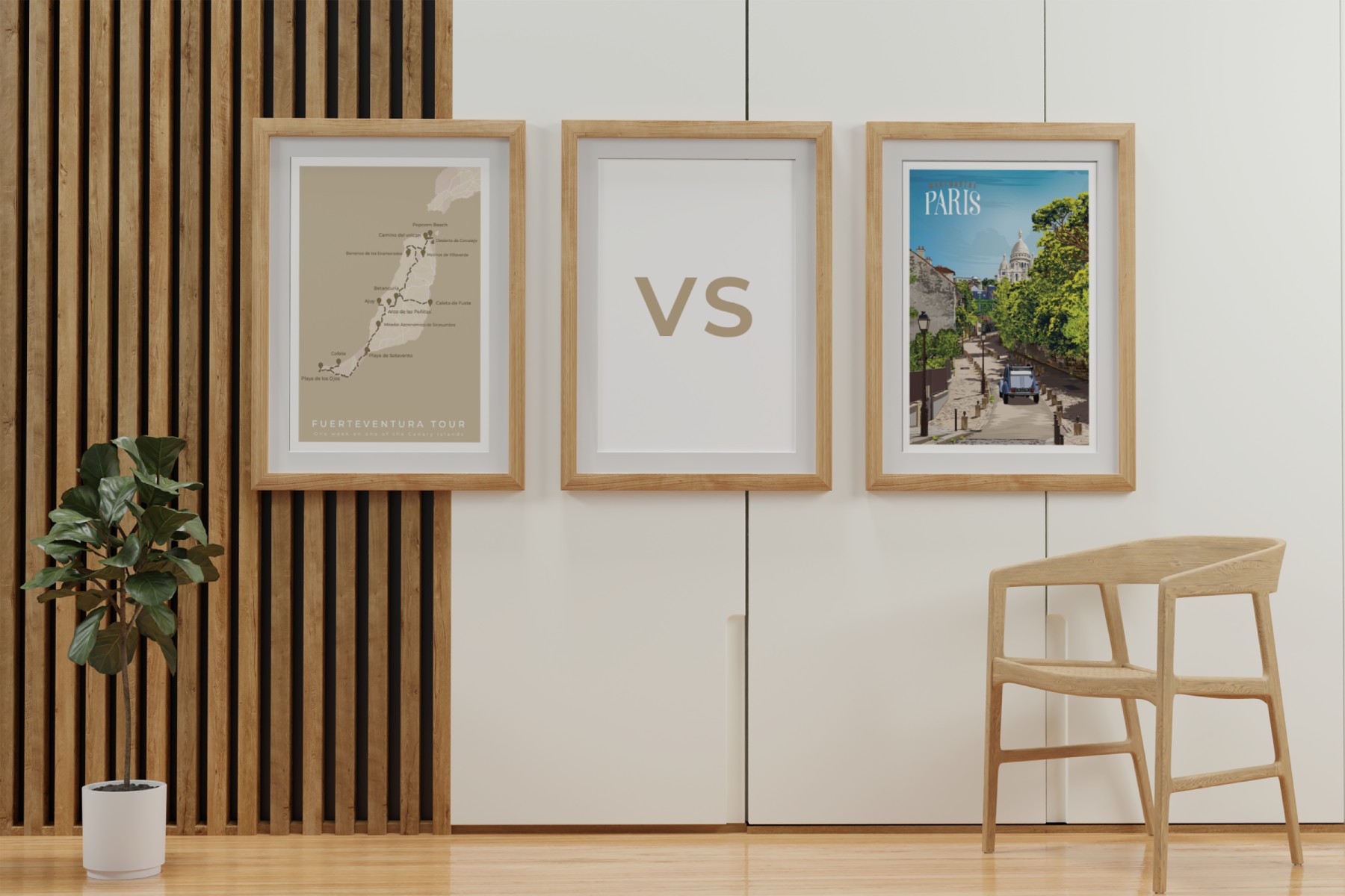 Dos pósters enmarcados en la pared: uno muestra un itinerario de viaje en Fuerteventura y el otro una ilustración clásica de París