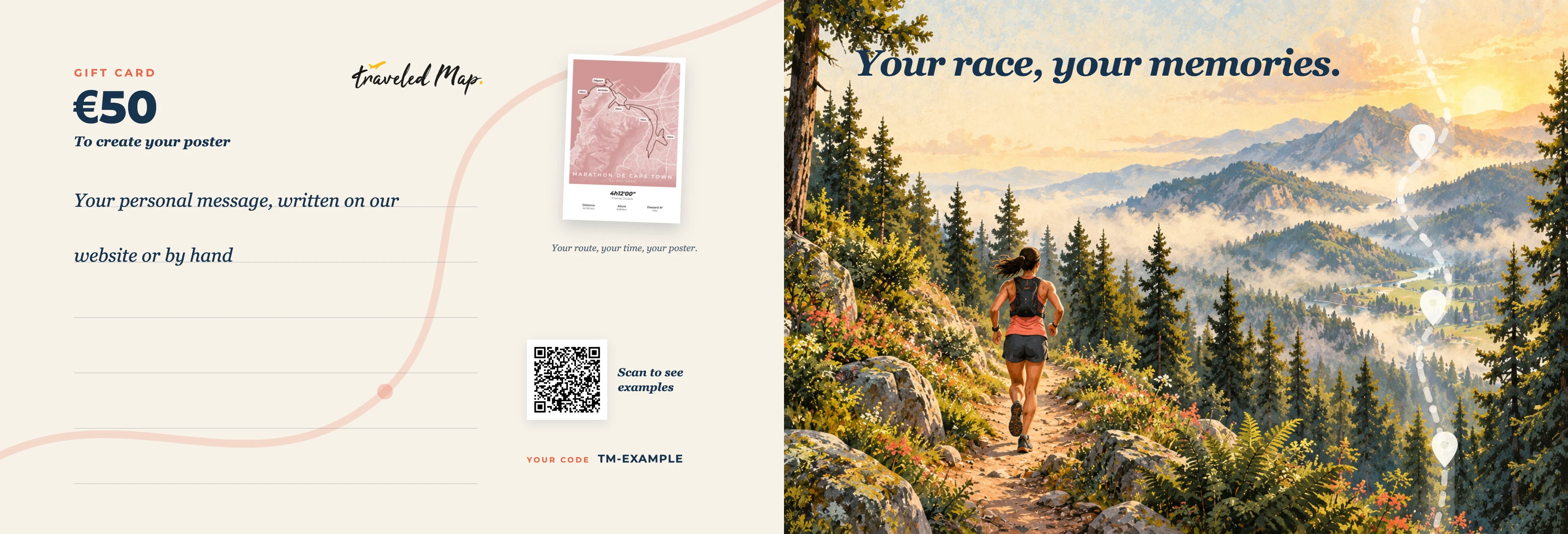 Personalized TraveledMap gift card featuring an illustrated mountain trail run