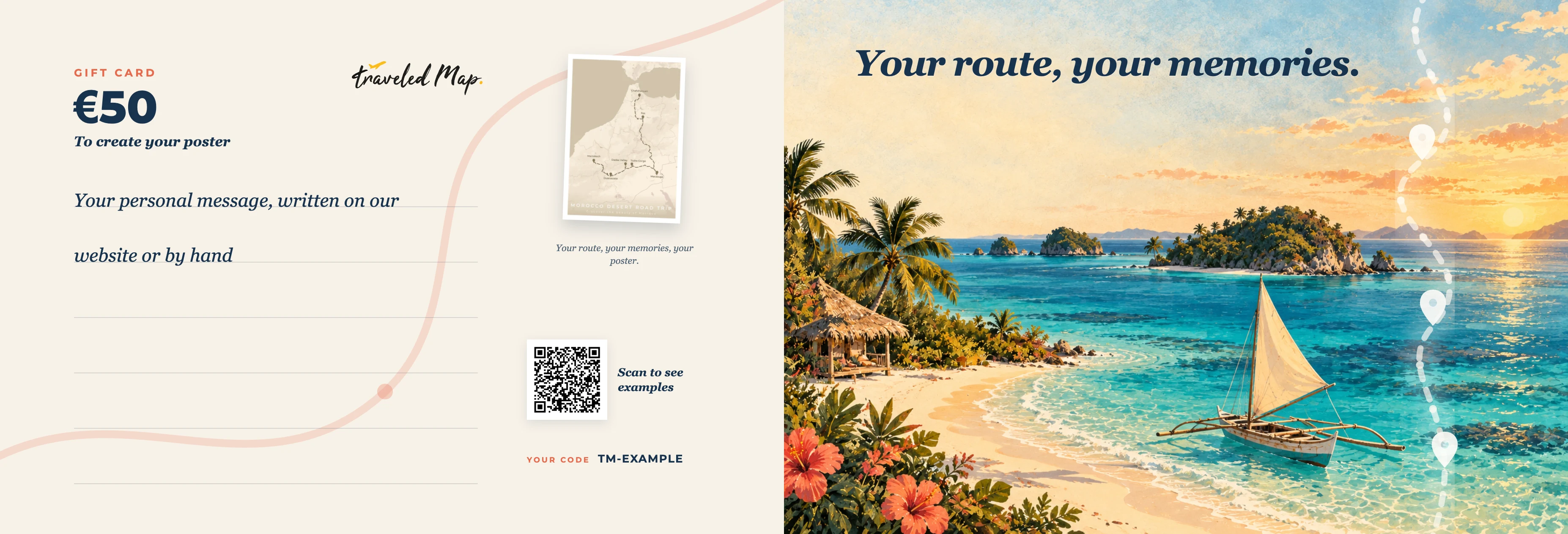 Personalized TraveledMap gift card featuring a tropical beach journey