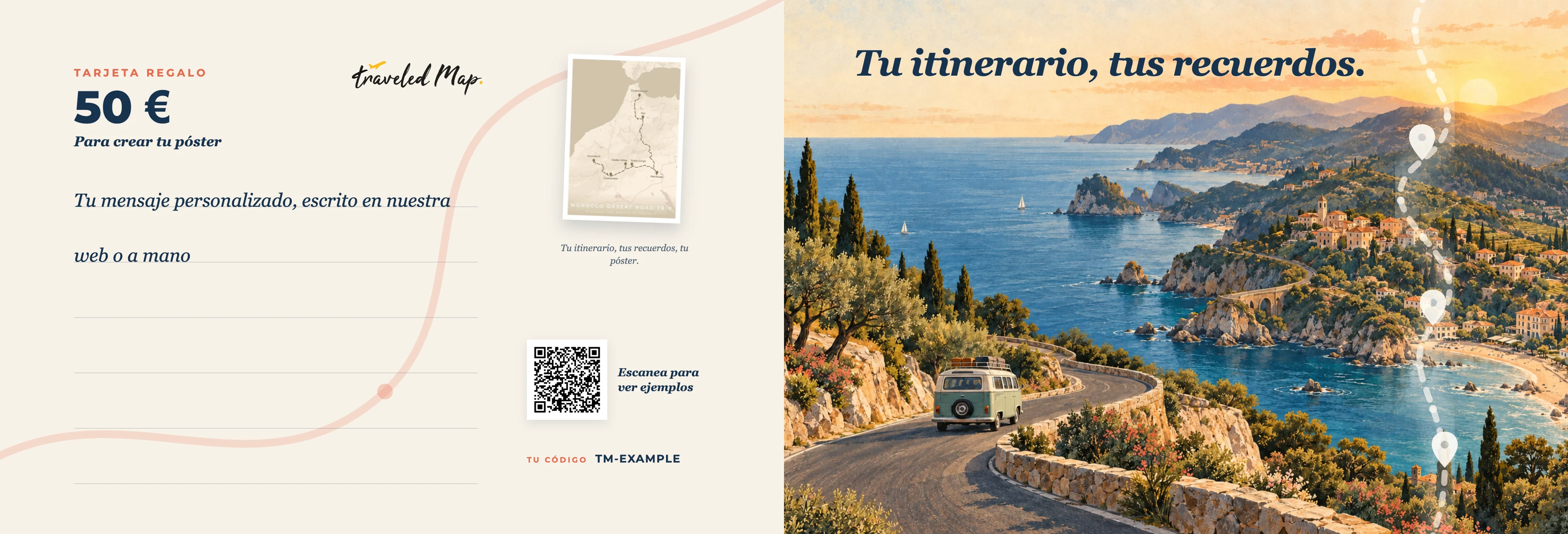 Tarjeta regalo TraveledMap personalizada con un viaje por la costa mediterránea