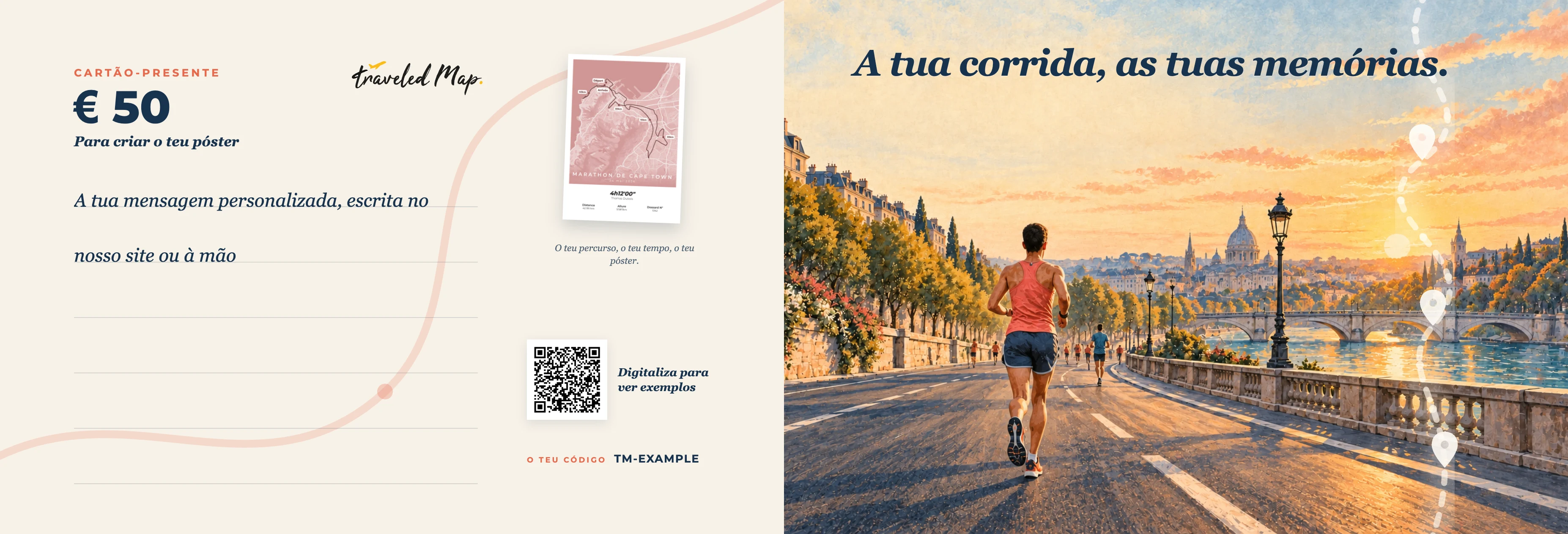 Cartão-presente TraveledMap personalizado com uma corrida urbana ilustrada