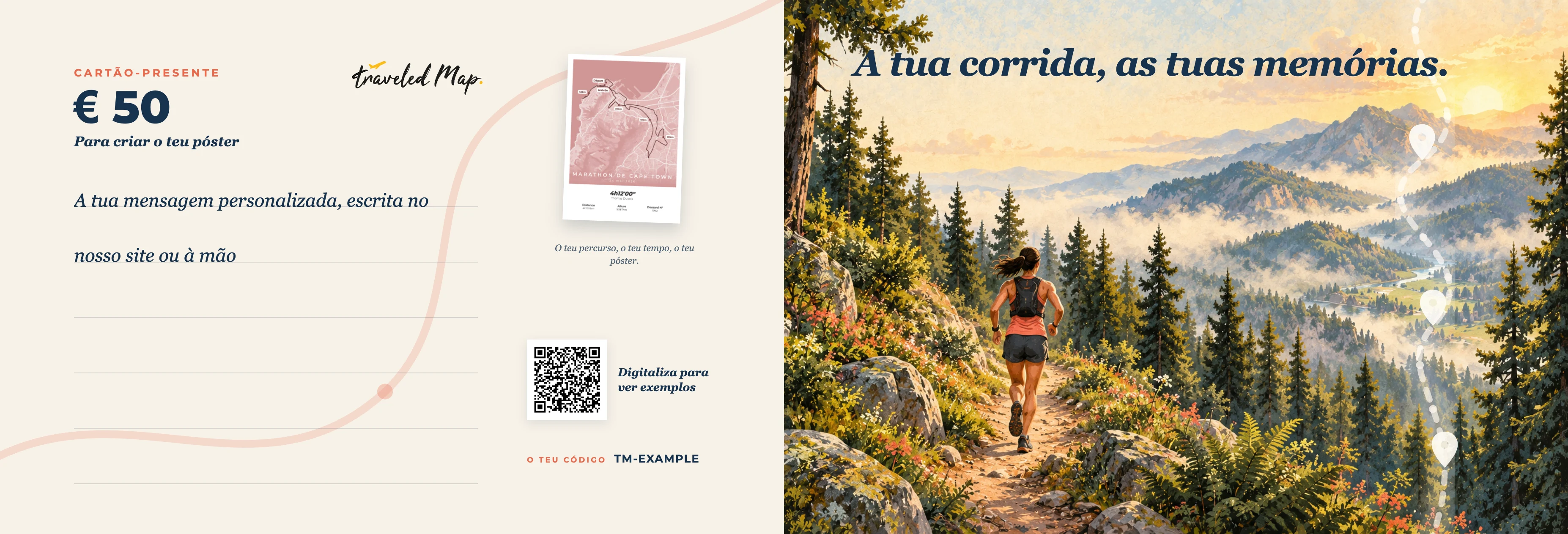 Cartão-presente TraveledMap personalizado com uma corrida de montanha ilustrada